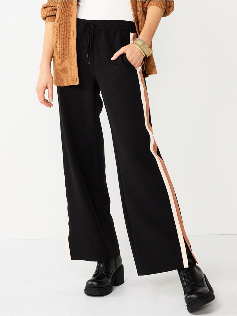 Nine West Black Wide Leg Side Stripe Pull On Pants XS